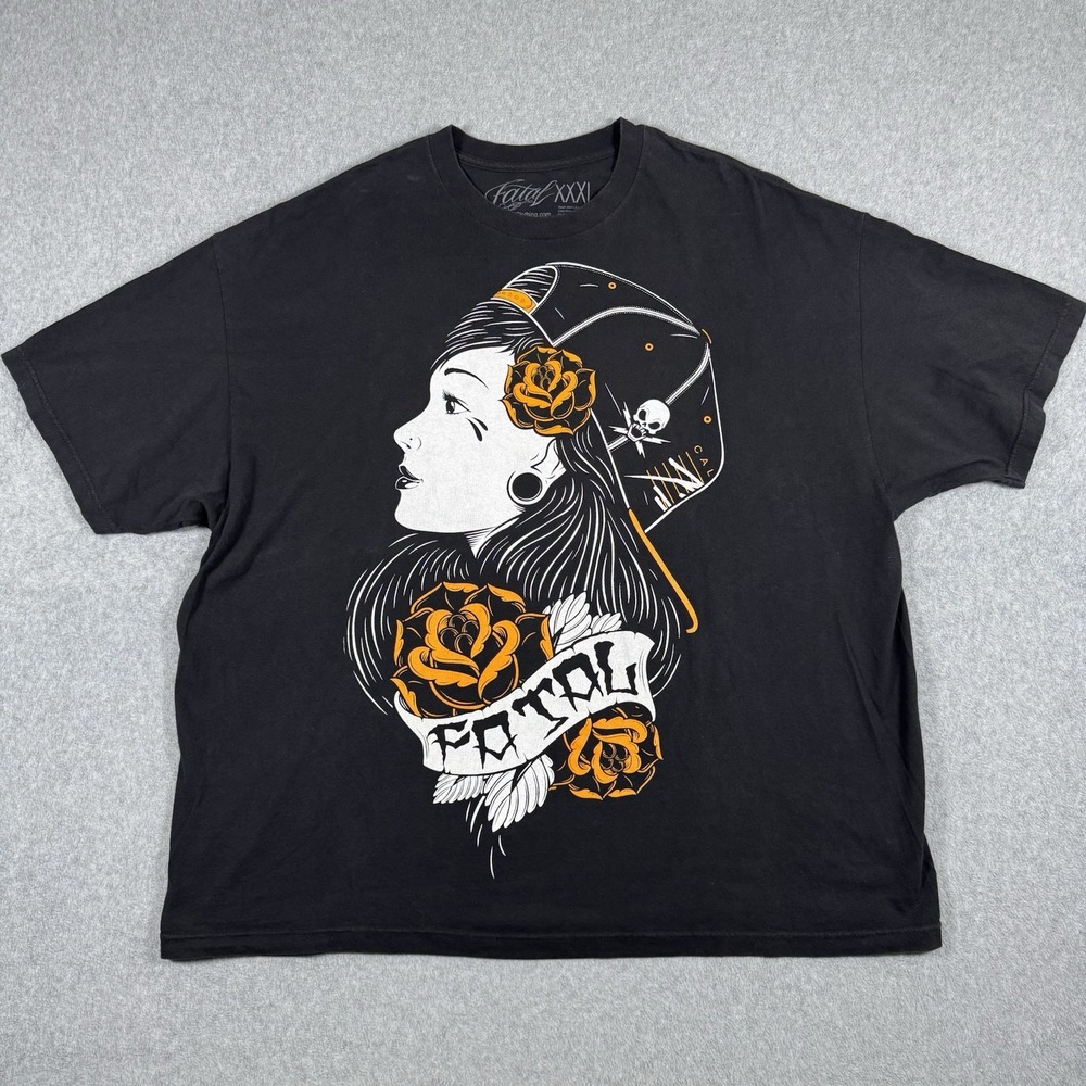 Fatal Clothing T-Shirt XXXL Black Tattoo Girl Roses Skull Graphic Streetwear